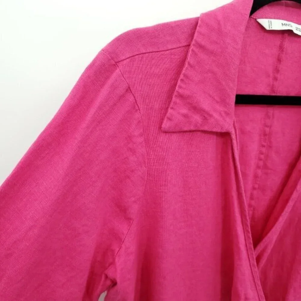 Mango 100% Linen Fuchsia/Barbie Pink Collared Wrap Dress 12